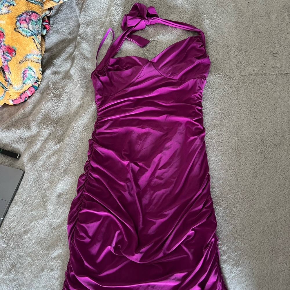 Satin Halter Dress in Vibrant Purple